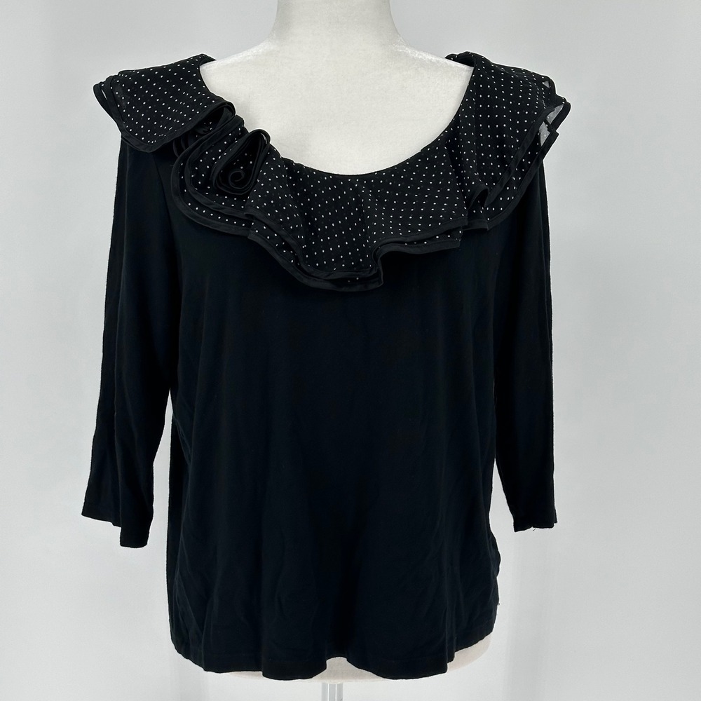Lauren Ralph Lauren Black Polka Dot Ruffle Rosette 3/4 Sleeve Top Size 1X - Picture 1 of 7